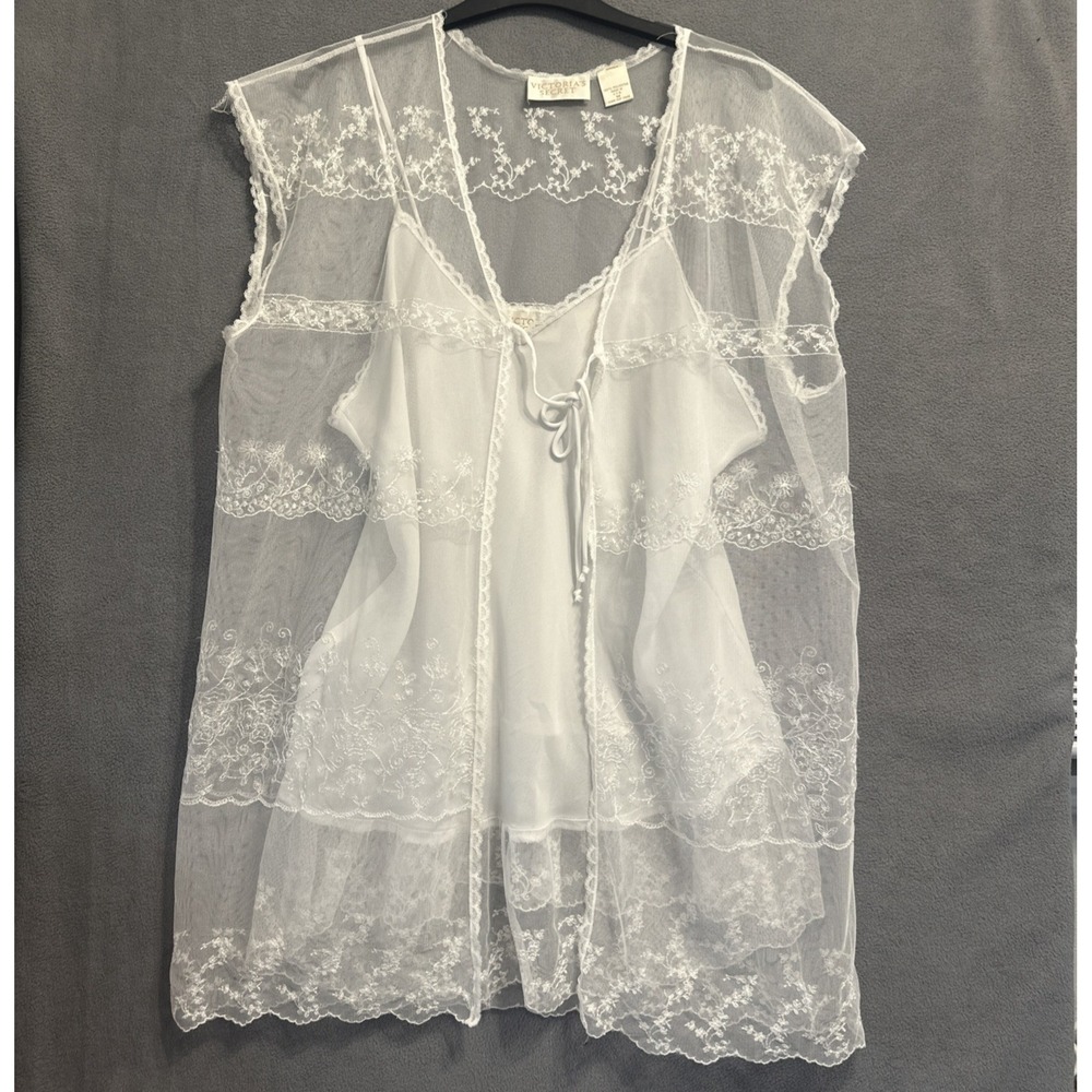 VTG 90s Victoria Secret Gold Label Chemise & Sheer Lace Robe Size M White Bridal